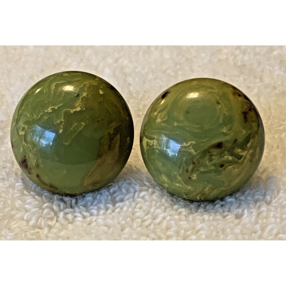 Vintage Green Marbled Bakelite 1" Button Earrings Round Dome Screw Back 1940s